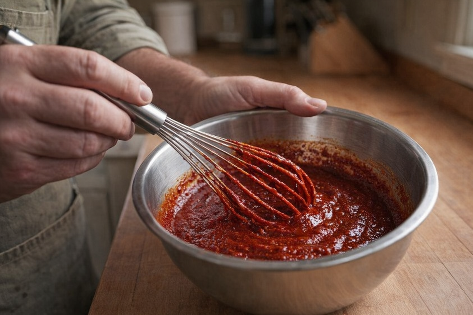 A side-angle, medium shot of a hand whisking gochujang sauce in a stainless steel bowl, the sauce is a deep red color and coats the whisk